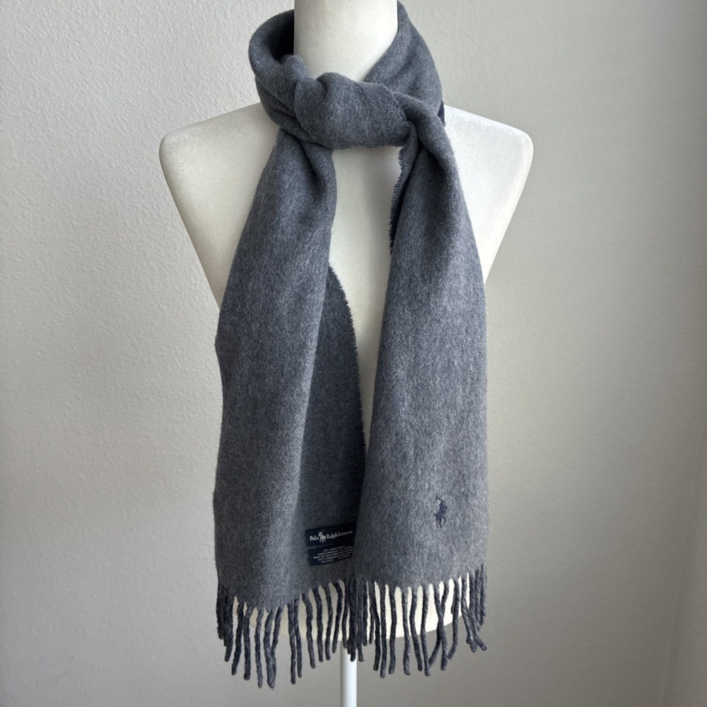 Vintage Polo Ralph Lauren Grey & Blue Reversible Lambswool Blend Fringe Scarf